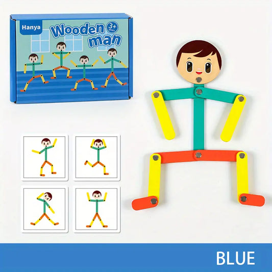 Flexible Wooden Man Puzzle -  Creative Early Education for Fine Motor Skills Development - Blue