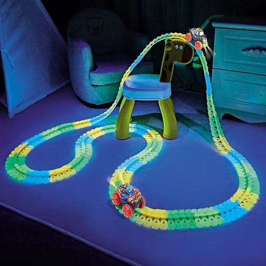 Vevoo DIY Rail Cars Track Set - Glow in the Dark Electric Race Tracks for Kids