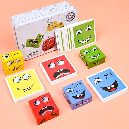 Magic Cube Funny Face Puzzle - Educational Expression Blocks - Party Game in a Box - 16 Building Blocks & 64 Challenge Cards