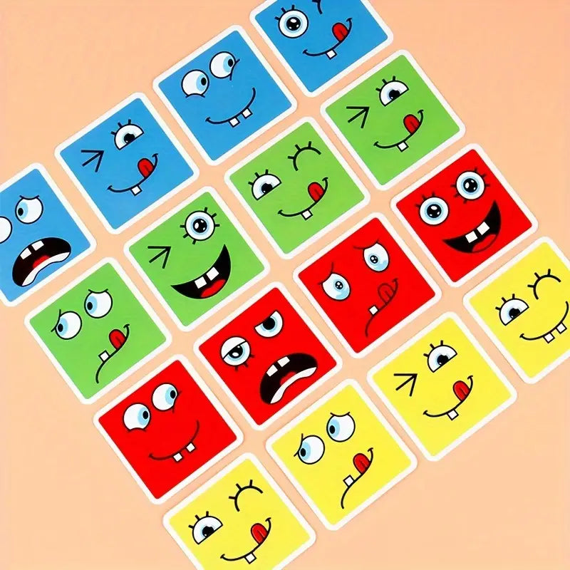 Magic Cube Funny Face Puzzle - Educational Expression Blocks - Party Game in a Box - 16 Building Blocks & 64 Challenge Cards